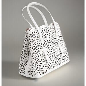 ALAIA Mina 25 Vienne Wave Laser Cut Calfskin Leather Optic White Small Tote Bag